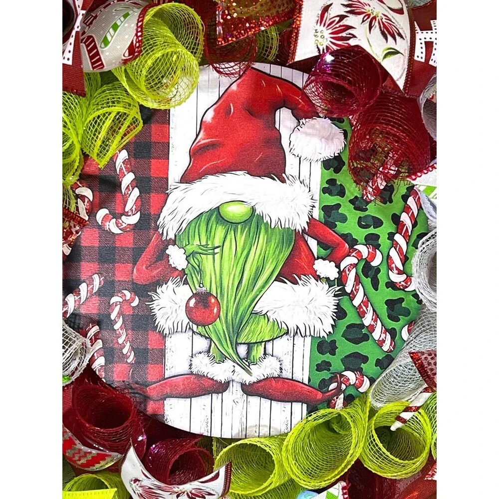 Handmade Christmas Gnome Holiday Ribbon LED Door Wreath 22” W69